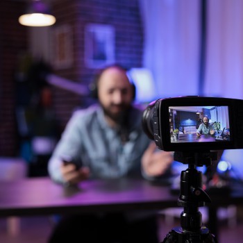 Vlogging creator using camera to record podcast episode in filming studio with modern equipment. Online influencer recording live video discussion to have fun on internet channel. Livestream.